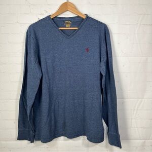 Polo Ralph Lauren Shirt Mens Size Large Blue Pullover V-Neck Long Sleeve Pony